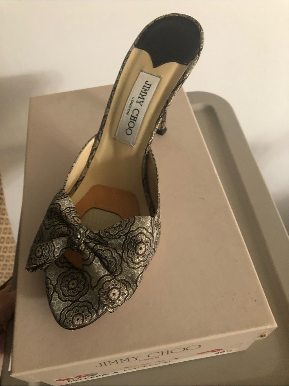 Jimmy Choo Metallic Gold Brocade Peep-Toe Heel with Bow